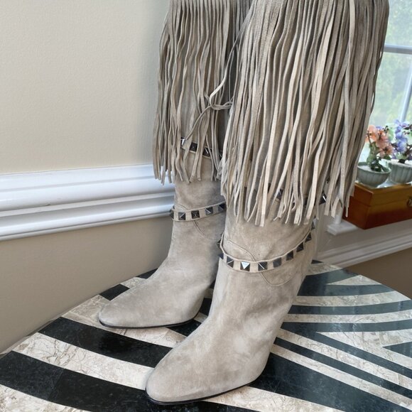 MANOLO BLAHNIK Suede Fringe Western Boots Heels - Picture 1 of 16